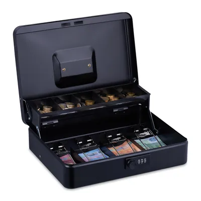 A black metal cash box with a combination lock is shown open, displaying compartments for coins and banknotes.