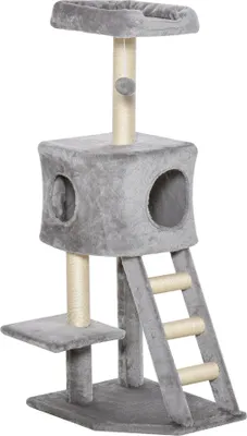 Produktbild von Kratzbaum 120 cm Katzenturm mit Höhle, Spielball, Sisalstämme, Plattform, Treppe, mehrstöckiger Katzenkratzbaum, Kletterbaum für Katzen, Hellgrau