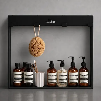 Imagen del producto de ShowerNIZR® Estante de ducha Obsidian Black - Estante de ducha sin taladro para colgar en mampara de vidrio de acero inoxidable con 4 ganchos, Imagen generada por IA
