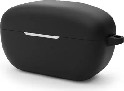 A black silicone case for wireless earbuds is shown against a white background.