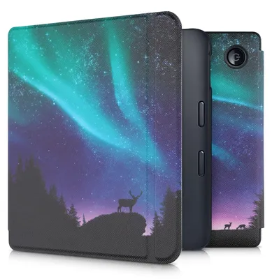 Produktbild von kwmobile Schutzhülle für Kobo Libra 2 Hülle - eReader Flip Case mit Auto Sleep Funktion - Polarlicht Hirsche mit Türkis Blau Schwarz