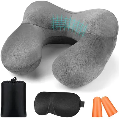 Obrázok produktu pre Nafukovacia cestovná podložka na krk s ušnými čiapočkami a maskou na oči, sivá, zamatová, ergonomická, tvarovaná do písmena U