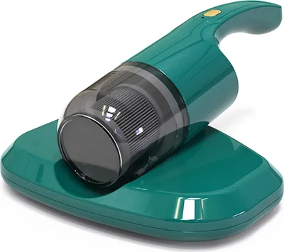 A teal and gray handheld vacuum cleaner with a charging base, shown against a white background.