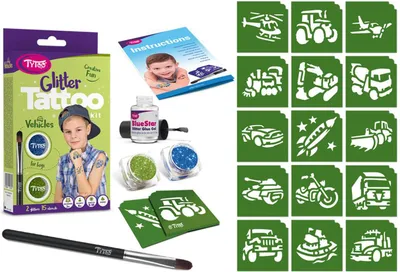Produktbild von Glitzer-Tattoo-Set mit Fahrzeugmotiven für Jungen – 15 Tattoos und 2 Glitzersteine [TY50180]