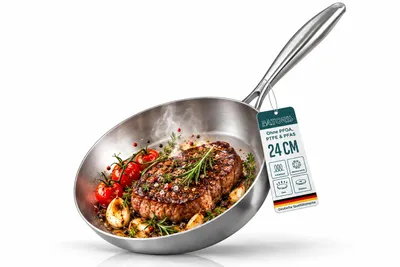 Produktbild von Edelstahlpfanne Unbeschichtet - Induktion - Profi Bratpfanne 24cm - Perfekt als Steakpfanne & Pastapfanne ohne Beschichtung - Brat- Universalpfanne, KI-generiertes Bild