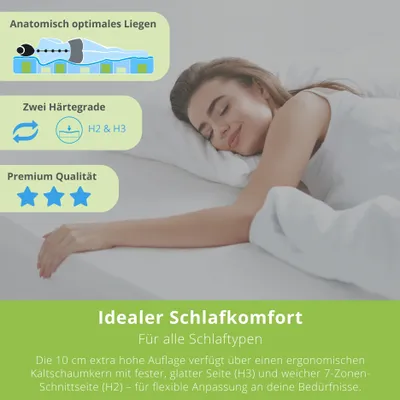 Produktbild von ergonomischer 7-Zonen Kaltschaum Topper, 90 x 200 cm, 10 cm, H2 & H3, für alle Matratzen, Bodyprotect