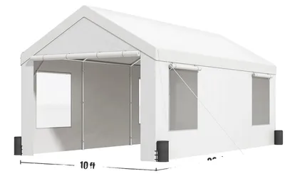 Produktbild von Auto-Pavillon, Schwerlastrahmen, Wasserdichte Garage mit aufrollbaren belüfteten Fenstern und abnehmbaren Seitenwänden, 10x20FT Weiß, 10x20FT Weiß