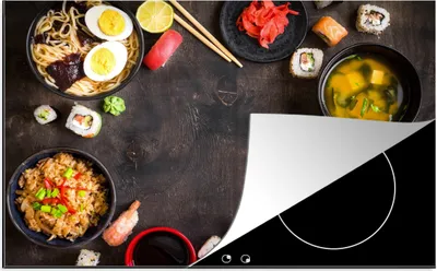 Produktbild von KitchenYeah© Herdabdeckplatte Sushi - Essstäbchen - Kräuter - Gewürze , 81x52cm, Küche Deko, Glaskeramikkochfeld Herdabdeckung, Abdeckplatte fùr Kochfeld