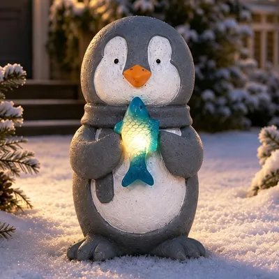 Image de Figurines de pingouins pour jardin, lot de 2, en résine, avec éclairage solaire, idéales pour balcon et terrasse