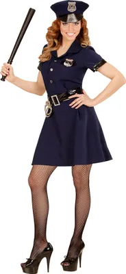 A woman in a police costume posing.