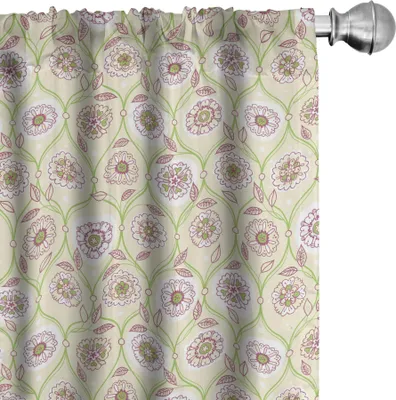 Produktbild von ABAKUHAUS Blumen Vorhänge, Gardinen, Repetitive Vintage Blumen Frühlings-Kunst-Illustration, 2 Stück 75 x 245 cm, Creme Avocadogrün