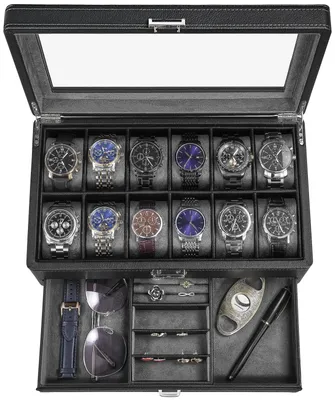 Produktbild von Uhrenbox Uhrenkasten Schmuckbox - Kunstleder - 12 Fächer - Glasdeckel - Schwarz