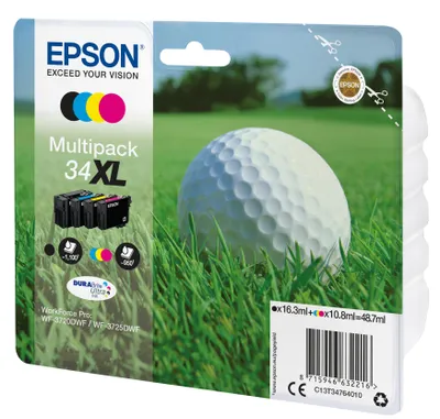 Produktbild von Epson Golf ball 34XL Golfball DURABrite Ultra Multipack 4 Farben Tinte, Hohe (XL-) Ausbeute, Schwarz, Cyan, Magenta, Gelb, Tinte auf Pigmentbasis, 16,3 ml, 10,8 ml, 1 Stück(e)