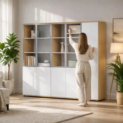 Zdjęcie produktu dla Stylowy regał na książki z drewna z przezroczystymi szklanymi półkami
