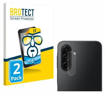 A product image showing packaging for a screen protector and a close-up of a phone's camera lens with a screen protector applied.