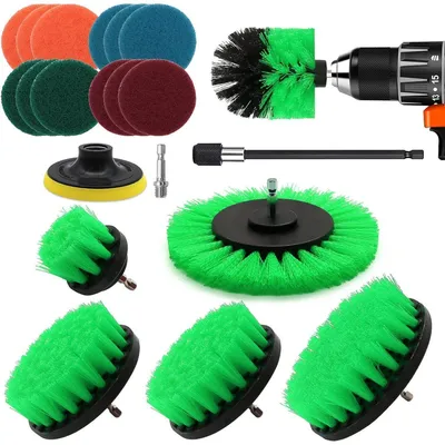 Productafbeelding van Set borstels voor boormachine, 20 stuks, inclusief reinigingsborstels, velgenborstel en een krachtige schrobborstel voor badkamers en bekleding, kleur: groen