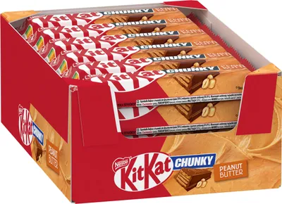 A display box filled with KitKat Chunky Peanut Butter chocolate bars.