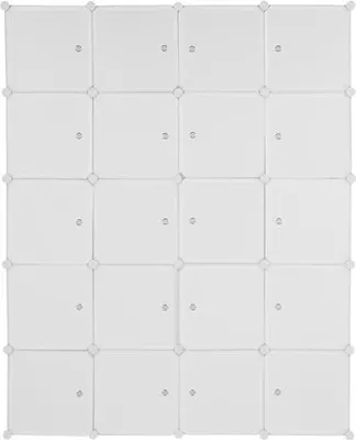 A white modular storage cabinet system with 20 individual cubbies, each with a door.