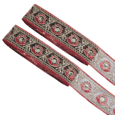 Imagen del producto de TRANKIELO® - Cinta de jacquard roja étnica, 91 cm de ancho - Con lentejuelas y motivos florales - Fabricada en poliéster resistente - Ideal para decoración de prendas de vestir