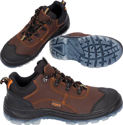 A collage of three views of a brown work shoe with black accents and orange stitching.
