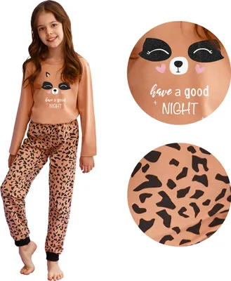 Produktbild von Kinderpyjama für Mädchen Nachthemd Schlafanzug langarm Nachtwäsche Baumwolle in Braun - Leopardenmuster - Größe 116