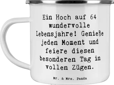 Produktbild von Mr. & Mrs. Panda Haferl Spruch 64. Geburtstag Feier - Weiß - Geschenk, Pott, Emaille Becher, Happy Birthday, Tasse, genieße jeden Moment, Teetasse, 64 Jahre, Outdoor
