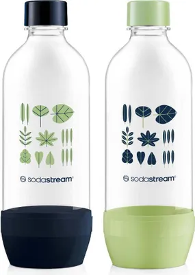 Two SodaStream bottles with leaf designs and colored bases.
