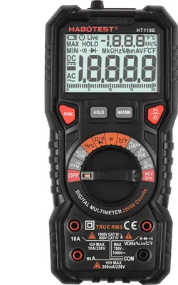 Zdjęcie produktu dla HABOTEST HT118E Multimetr cyfrowy z automatycznym zakresem pomiarowym 20 000 zliczeń True RMS Pomiar napięcia i prądu AC/DC Rezystancja Pojemność Częstotliwość Temperatura Ciągłość pracy MAX/MIN Pomiar napięcia i napięcia rozwiernego Dioda testowa z podświetleniem LCD Latarka