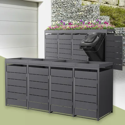 Obrázok produktu pre ML-Design 4-košový box na odpadky so strieškou na sadenie, kryt na 4 koše na odpadky, 240 l, 260x80x124 cm, antracitová farba, z ocele, odolný voči poveternostným vplyvom, box na odpadky s dvierkami