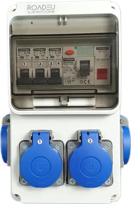 Produktbild von RoadEu - Stromverteiler 230V, 4x Schuko Steckdose, Leuchtmelder Signalleuchte LED Rot, Steckdosenverteiler mit Fi Schutzschalter 40 typ A/AC, LS C16A