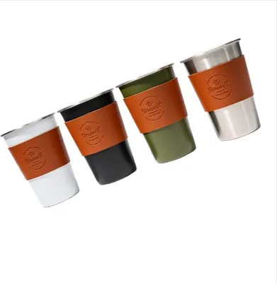 Image de INF Lot de 4 Tasses de Camping Portables en Acier Inoxydable et Cuir 350 ml