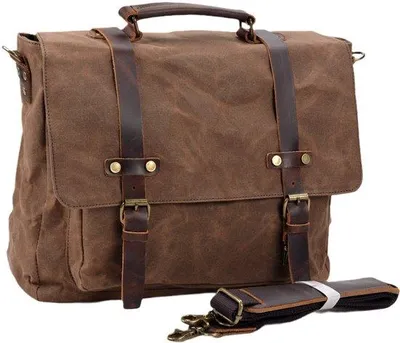 Image de Sac à bandoulière en toile et cuir Geschmiedert pour ordinateurs portables de 15,6 pouces, marron.