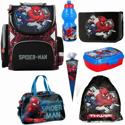 Produktbild von Schulranzen für Jungen und Mädchen - Schul-Rucksack für Kinder mit Federmäppchen - Schuhbeutel - Spider-Man Motiv - 1-3 Klasse (7er-Set)
