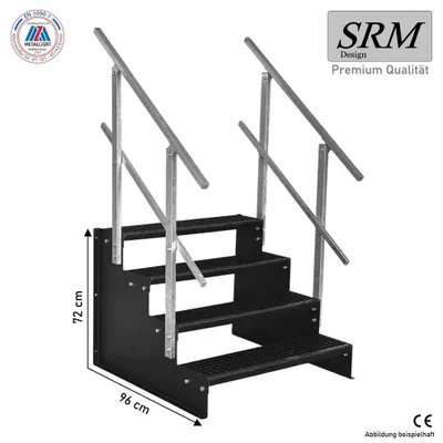 Produktbild von 4 Stufen Standtreppe Modell 2 komplett schwarz Treppe Stahltreppe Tritthöhe 18 cm Breite 150 cm Höhe 72 cm 2x Geländer