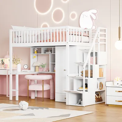 Produktbild von Hochbett 90x200cm mit Schreibtisch/Kleiderschrank/Stauraum Treppen, Bett für Mädchen Jungen Kinderbett Rausfallschutz ohne Matratze, Weiß