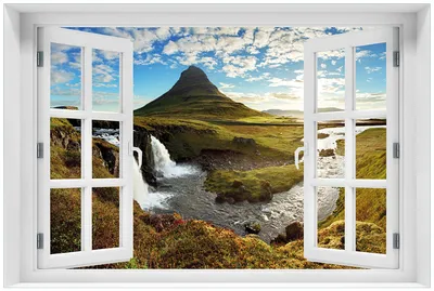 Produktbild von Wallario Premium Glasbild mit Fensterrahmen, freischwebende Optik, kräftige Farben, Größe 60 x 90 cm Motiv Island Panorama Fluss  Berge und blauer Himmel