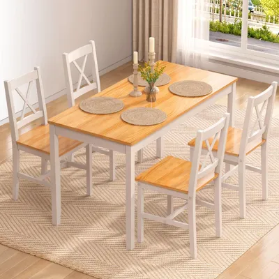 Productafbeelding van Eetset voor 4 personen. Eettafel met 4 stoelen. Hout, naturel/wit. Ruimtebesparend. Afmetingen: 108x65x73 cm