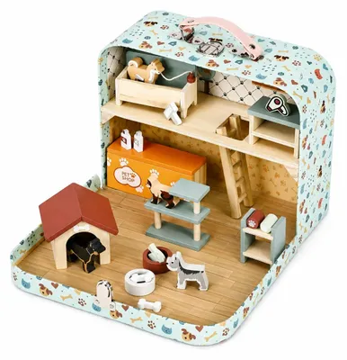 Zdjęcie produktu dla ECOTOYS EF4172, dwupoziomowy sklep zoologiczny w walizce, drewniany zestaw, 23 akcesoria