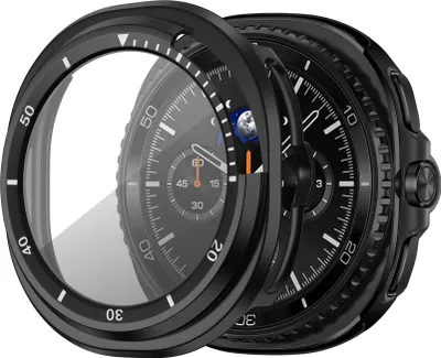 Produktbild von Bandz PC-Hartschalenetui mit Bildschirmschutz - passend für Samsung Galaxy Watch 8 Classic - Hartplastik-Schutzhülle mit Lünette - Vollschutz (schwarz mit weiß)