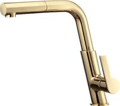A close-up studio shot of a gold kitchen faucet.