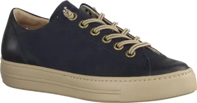 A single navy blue sneaker with beige laces and a beige sole is shown against a white background.