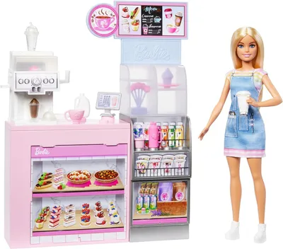 Produktbild von Barbie Naschcafé Spielset mit blonder Barista-Puppe, funktionierender Kaffeemaschine und über 10 Zubehörteilen, Modepuppe, Weiblich, 3 Jahr(e), Mädchen, 295,9 mm, 424 g