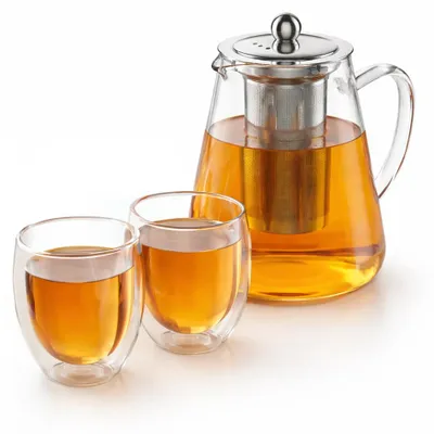 Produktbild von Arendo Teekanne Glas 1,2 l, Edelstahlsieb und 2 Thermogläsern 350 ml, doppelwandige Gläser ohne Henkel, aus Borosilikatglas, Glaskanne, 4 Teile, transparent-silber