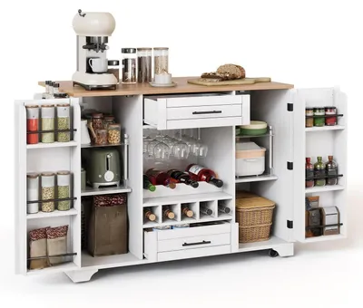 Productafbeelding van Keukeneiland met inklapbaar werkblad, wijnrek en wielen, wit, 138x45-70x92 cm