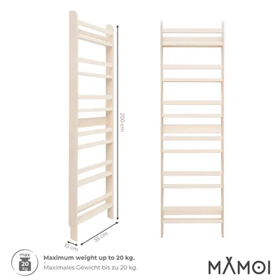 Two wooden wall shelves are shown against a white background, with dimensions and weight information provided.