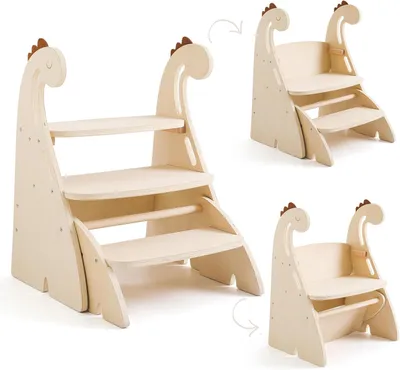 Productafbeelding van Opvouwbare houten Montessori-leertoren met 3 stappen en dinosaurusontwerp voor kinderen