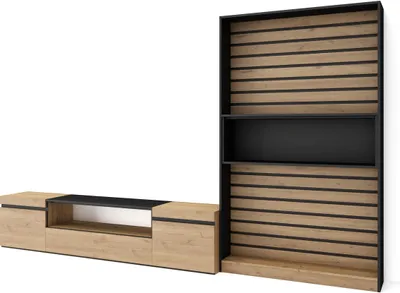 Produktbild von Wohnwand Wohnzimmer, 310x35x186cm, Für TV-Geräte bis zu 80", Wohnzimmer Möbel, Eiche und Schwarz
