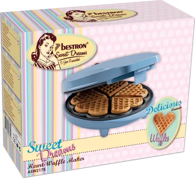Immagine prodotto di Cialdiera Bestron per waffle classici a forma di cuore, cialdiera con rivestimento antiaderente per waffle a forma di cuore, con luce di cottura, 700 watt, colore: blu