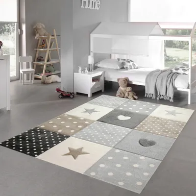 Zdjęcie produktu dla Dywan do pokoju dziecięcego dywan do zabawy serce gwiazda kropki wzór brązowy beżowy szary rozmiar - 140 x 200 cm