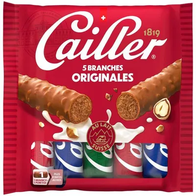 Produktbild von Cailler Riegel Branche, 23 g, Zucker, Haselnüsse, Kakaobutter, Kakaomasse, Vollmilchpulver, gemahlene und teilweise entfettete..., 5 Stück(e), CE, Box, Papier